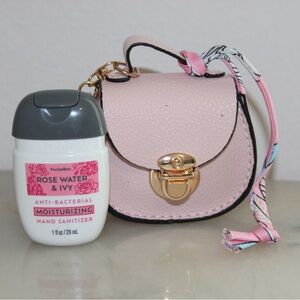Mini Bag & Hand Sanitizer Pink Faux Leather Ribbon Gold Lock Clasp Keychain